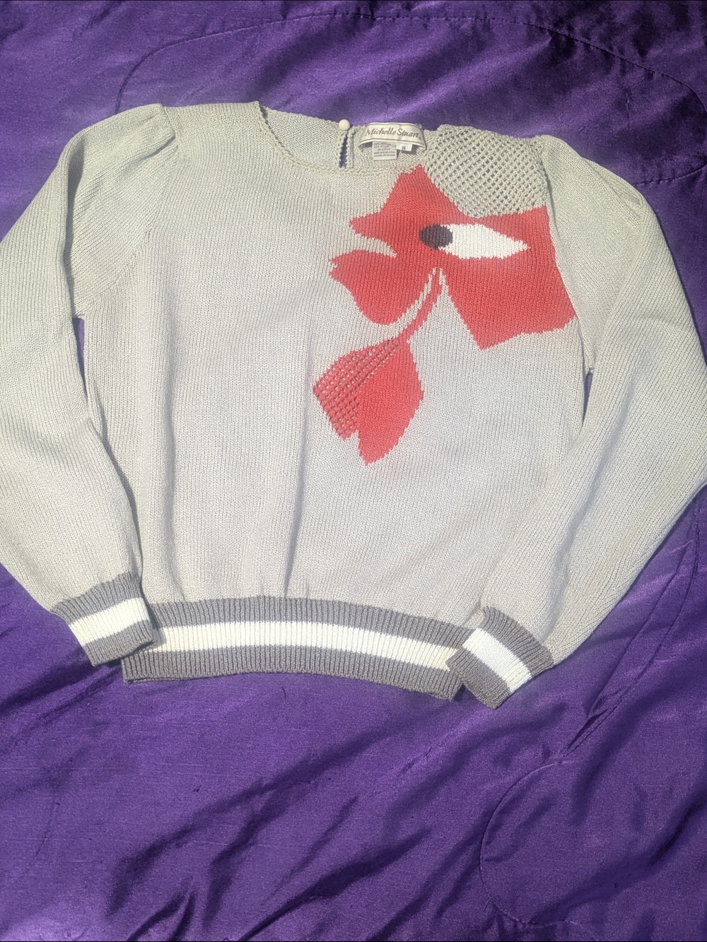 Michelle Stuart Gray Crewneck Sweater with Red Floral Accent